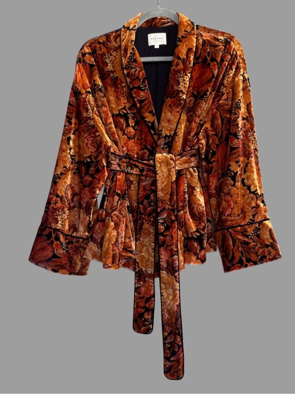 Sézane Rust Multi Velvet Floral Belted Jacket
